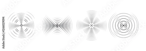 Fototapeta Set of vector black rings with sound waves, interrupted lines and dots. Rings with radial lines. Target icon, epicenter.  Concentric vortex circles.