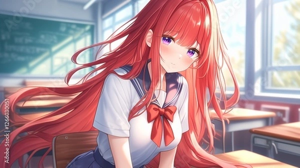 Fototapeta Red-haired high school student girl with purple eyes and sailor uniform is sitting at her desk in a classroom with sunlight coming through the window