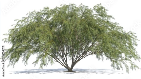 Fototapeta A lush mesquite tree with vibrant green leaves, isolated on a white background. No people, no text.