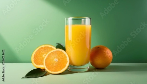 Fototapeta 淡いパステルグリーンの背景に映えるオレンジジュース、爽やかな朝のはじまりを感じるシンプルな瞬間
