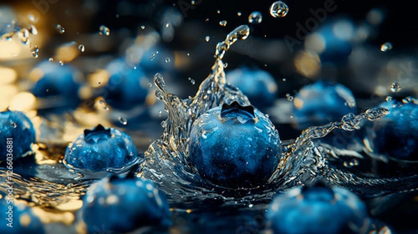 Fototapeta Juicy blueberries with water droplets and dynamic splashes against a soft golden light background. Macro photography.