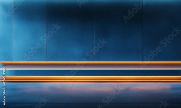 Fototapeta Blue virtual studio background, simple and clean, with LED lights on the top of the wall, creating an indoor environment for product display.