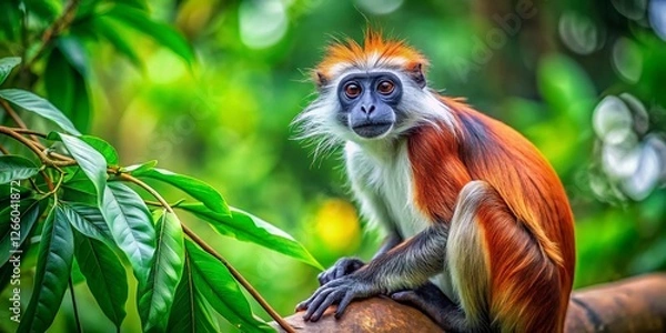 Fototapeta Red Colobus Monkey in Rainforest Canopy - Wildlife Photography