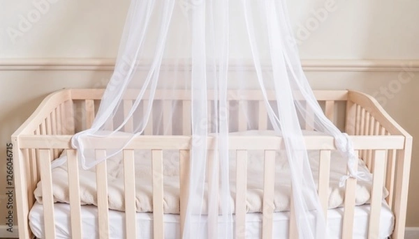 Fototapeta Baby crib with mosquito net, minimalist nursery design with soft neutral tones, airy and peaceful atmosphere
