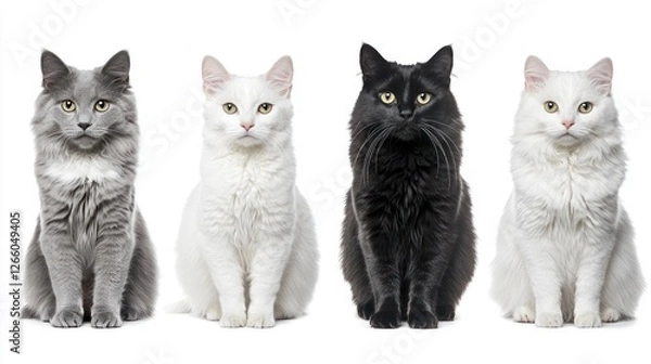 Obraz Four Cats With Different Colored Fur Posing Against White Backdrop
