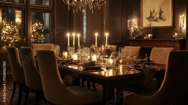 Obraz Elegantly set dining table glows under the warm candlelight
