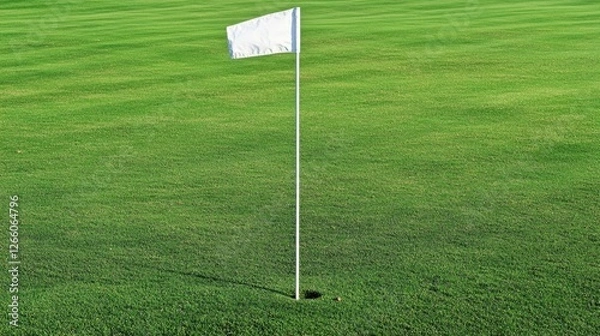 Fototapeta A close-up view of a golf flag standing on a well-maintained green grass field.