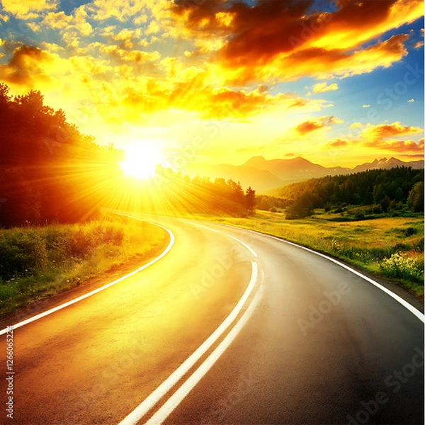 Fototapeta A winding asphalt road reflects the golden light of a vibrant sunset over a landscape of trees and distant mountains.