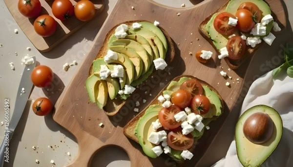 Fototapeta Avocado tosts with tomatoes and feta 