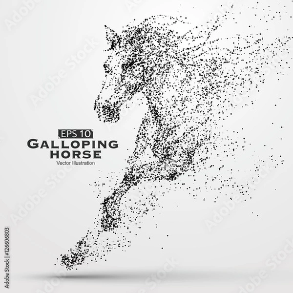Obraz Galopujący koń, wiele cząstek, szkic, ilustracja wektorowa, rozwój moralny i postęp.