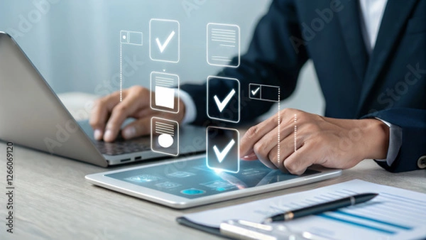 Fototapeta Streamline Your Business: Digital Checklists for Certification & Quality Assurance. Boost Efficiency, Improve Compliance, and Achieve Peak Performance