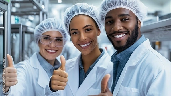 Fototapeta Smiling Scientists in Lab Coats Giving Thumbs Up