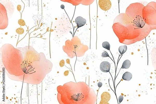 Obraz Abstract vintage print with flowers, shapes and golden lines on white background. Watercolor seamless pattern.