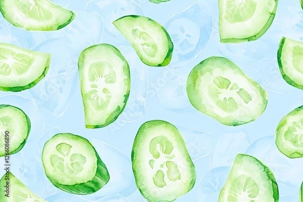 Obraz A seamless pattern of watercolor cucumber slices on a light blue background.