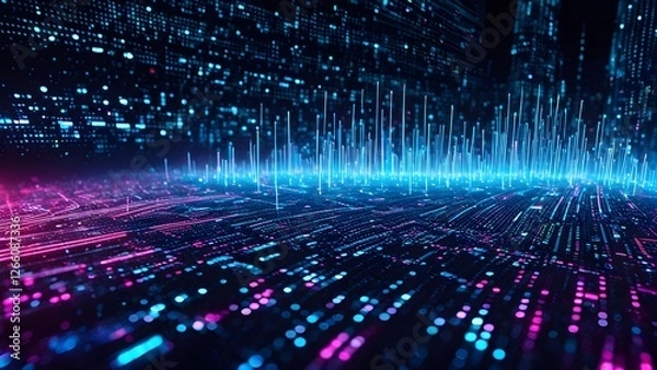 Fototapeta Abstract digital landscape with glowing lines and data streams, representing futuristic technology and big data.
