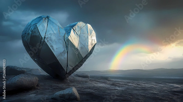 Fototapeta Shattered heart-shaped sculpture under stormy sky with lone rainbow in the distance, moody lighting, heartbreak. Rainbow Storms. Illustration