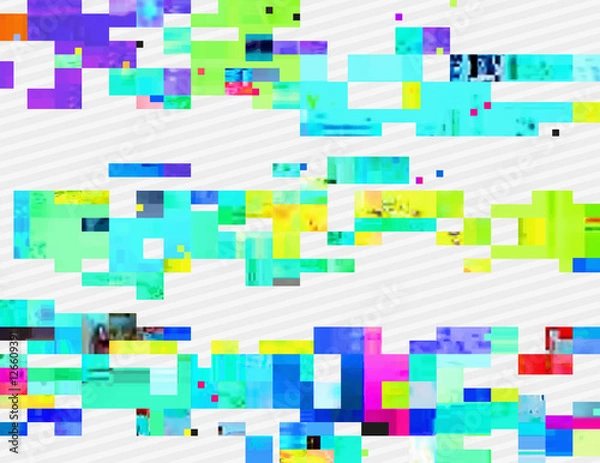 Fototapeta Colorful glitched shapes. Decorative layer for effect of corrupted image. Random digital signal error. Abstract contemporary background made of acid pixel mosaic. Element of trendy design.