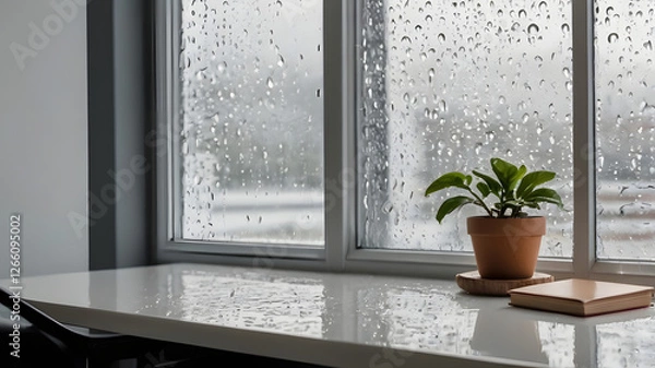 Fototapeta Rainy Day Calm: A small potted plant sits on a windowsill, a book rests beside it, rain droplets cling to the glass pane, offering a serene and peaceful view. 