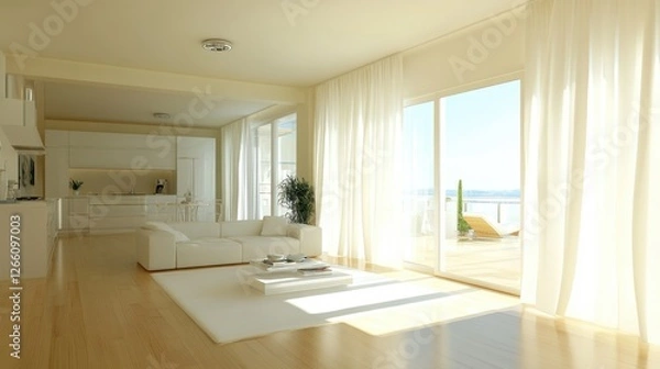 Obraz A bright, spacious living room with a white color palette and natural light.