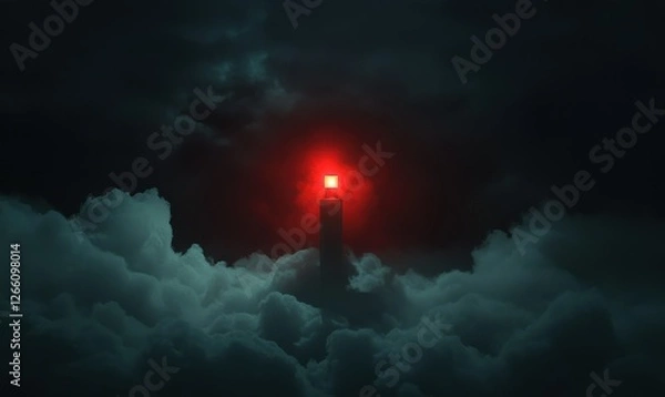 Fototapeta A red beacon light surrounded by dark clouds, creating a dramatic atmosphere.