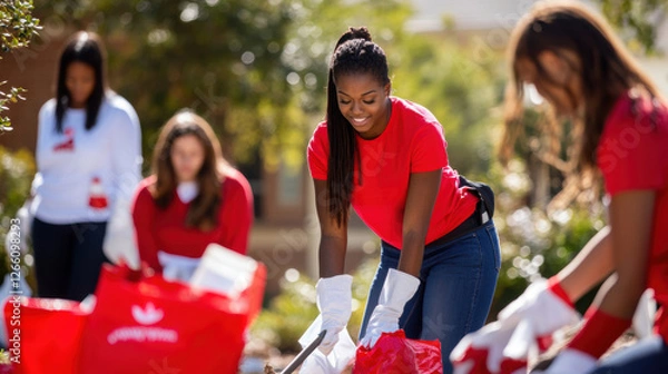 Fototapeta Volunteers picking up garbage trash in public spaces during Spring season.