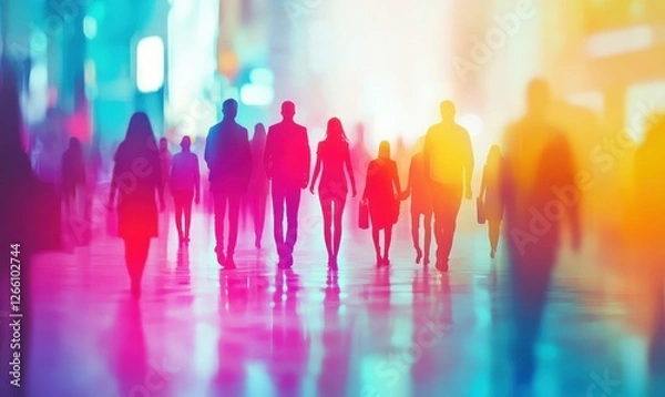 Fototapeta Abstract illustration of a business team with colorful silhouettes, soft glowing light highlighting teamwork and collaboration, clean and dynamic