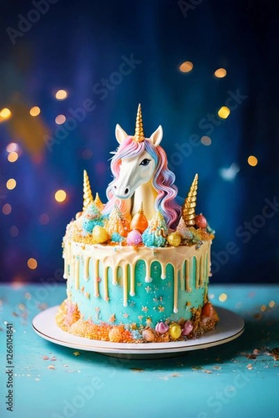 Fototapeta Cute and colorful unicorn birthday cake