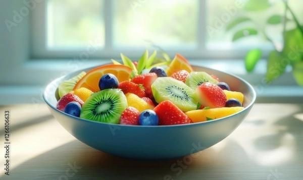Fototapeta Bowl of vibrant fruit salad featuring a mix of strawberries, blueberries, kiwi, and orange slices, placed on a light wood surface