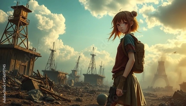 Obraz A young traveler wanders through the post-apocalyptic wastelands. In the background, the ruins of iconic structures symbolize the 