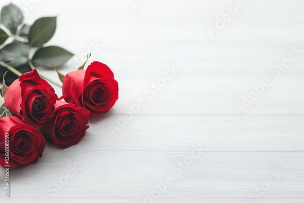 Fototapeta Three vibrant red roses with green leaves are elegantly arranged on white wooden surface, creating striking contrast. image exudes sense of romance and simplicity