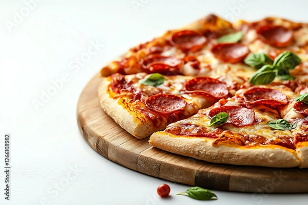 Fototapeta delicious pepperoni pizza with fresh basil on wooden board, showcasing crispy crust and melted cheese. vibrant toppings create appetizing and inviting appearance