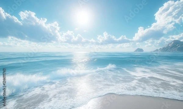 Fototapeta Crisp blue sky reflecting over gentle ocean waves with soft sunlight, styled to capture the vast serenity of coastal beauty