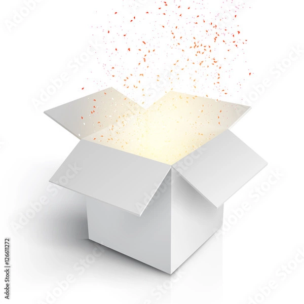 Fototapeta Realistic Magic Open Box. Magic Gift Box with Magic Light Commin