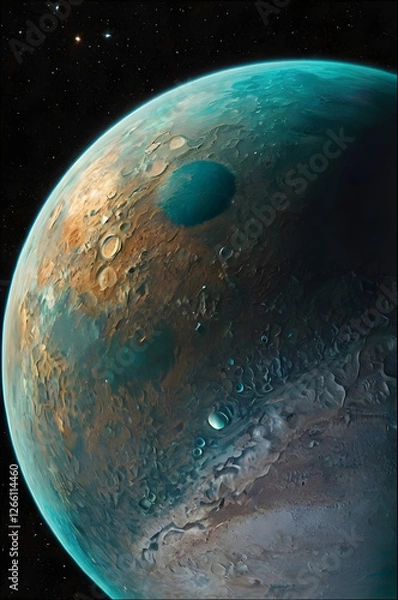 Fototapeta Celestial Teal Orb: A mesmerizing view of an alien planet, teal oceans contrasting against rusty, cratered landscapes, set against the backdrop of deep space.