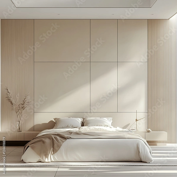 Fototapeta White minimalist bedroom with light wood paneling and beige square grid tiles on the wall, accentual, subtle colors, modern luxury interior design in the style