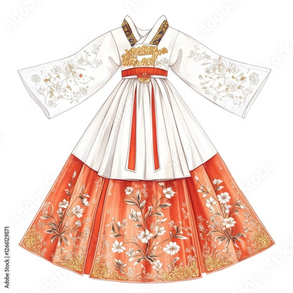 Obraz graphic illustration of a traditional Korean hanbok, white jeogori with delicate floral patterns, vibrant red chima with golden embroidery, transparent background, PNG