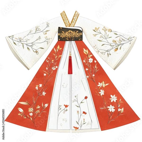 Obraz graphic illustration of a traditional Korean hanbok, white jeogori with delicate floral patterns, vibrant red chima with golden embroidery, transparent background, PNG