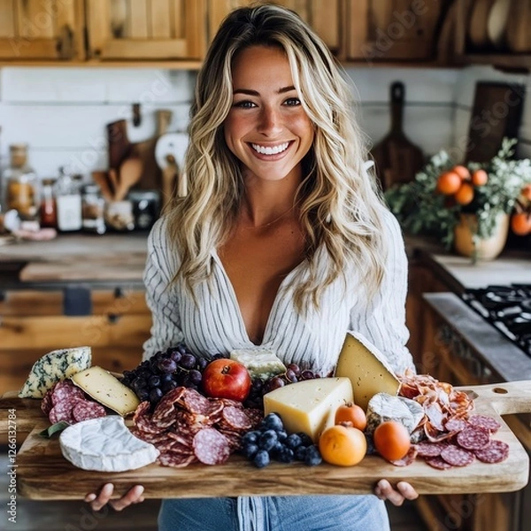 Fototapeta Smiling woman presenting a colorful charcuterie board in a rustic kitchen setting