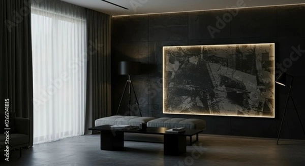 Fototapeta minimalist living room, dark brick wall, illuminated rectangular mirror, wooden floor, modern floor lamp, curtains, moody atmosphere, clean lines, contemporary design, dramatic lighting, sleek interio