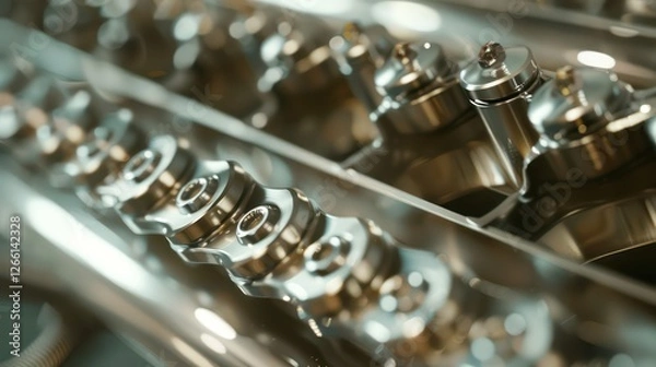 Fototapeta A close-up of a carâ€™s camshaft, showing cam lobes and fine surface details