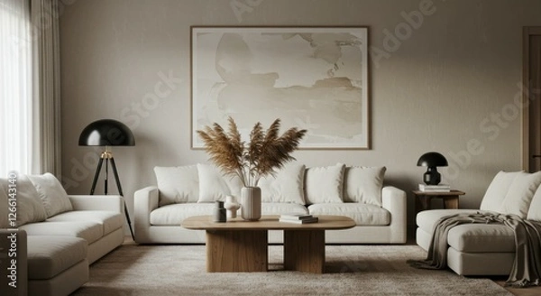 Fototapeta Minimalist living room, neutral color palette, beige sofa, wooden coffee table, abstract wall art, pampas grass decoration, sleek floor lamp, textured rug, natural light, cozy atmosphere, Scandinavian