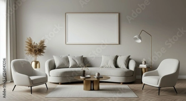 Fototapeta Minimalist living room, white sofa, large empty frame, potted plants, natural light, shadow patterns, wooden floor, side table, white lamp, cozy throw blanket, neutral colors, contemporary design, cle