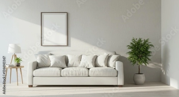 Fototapeta Modern minimalist living room, white sofa, beige throw pillows, gray blanket, potted plant, white walls, framed artwork, side table with vase, natural light, cozy interior design, neutral color palett