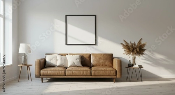 Fototapeta Minimalist living room, tan leather sofa, white walls, large windows, natural light, wood floor, empty picture frame, black floor lamp, dried floral arrangement, neutral color palette, scandinavian de
