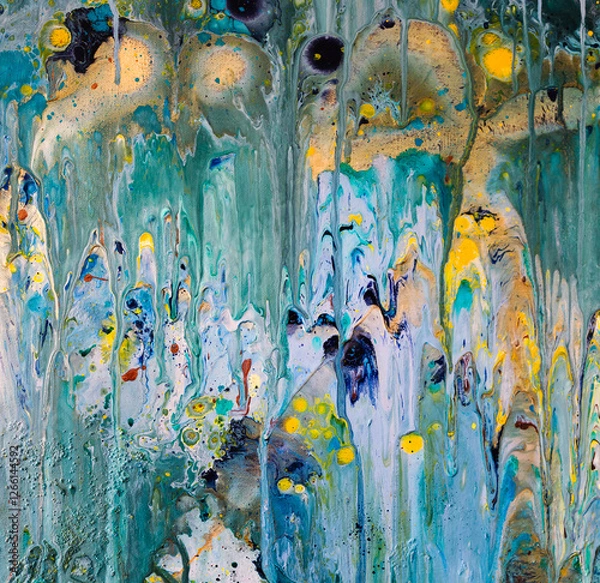 Obraz Acrylic abstract art utilizing pour painting in a creative, ethereal and surreal pattern. Vibrant turquoise, navy, gold and white colors in a vibrant swirling design, both mystical and other worldly. 