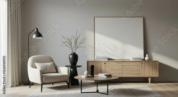 Fototapeta Minimalist living room, Scandinavian design, neutral tones, beige sofa, wooden sideboard, round coffee table, black floor lamp, large white canvas, potted plant, natural light, shadow play, textured w