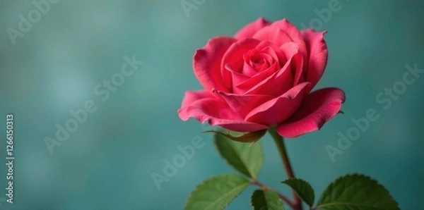 Fototapeta Close-up of isolated rose flower on bare stem with leaves, isolated object, black and white