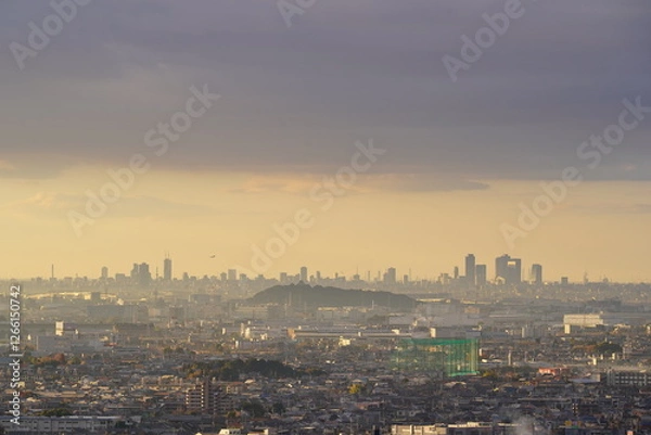 Obraz 朝靄の中の小牧山と名古屋の高層ビル群