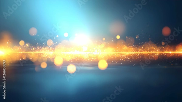 Fototapeta Golden light streak across blue background, bokeh effect, abstract design, website banner