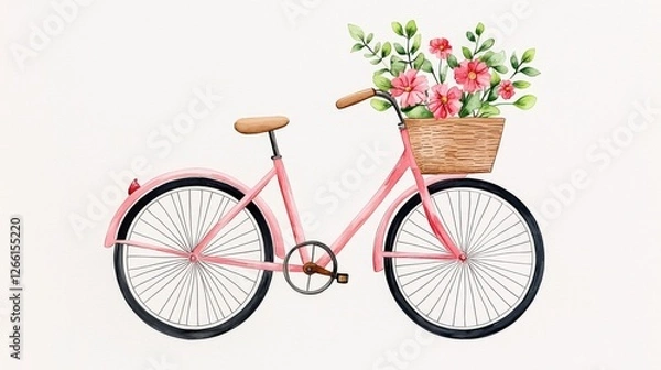 Fototapeta Vintage Pink Bicycle with Flower Basket and Bright Floral Arrangement on Light Background